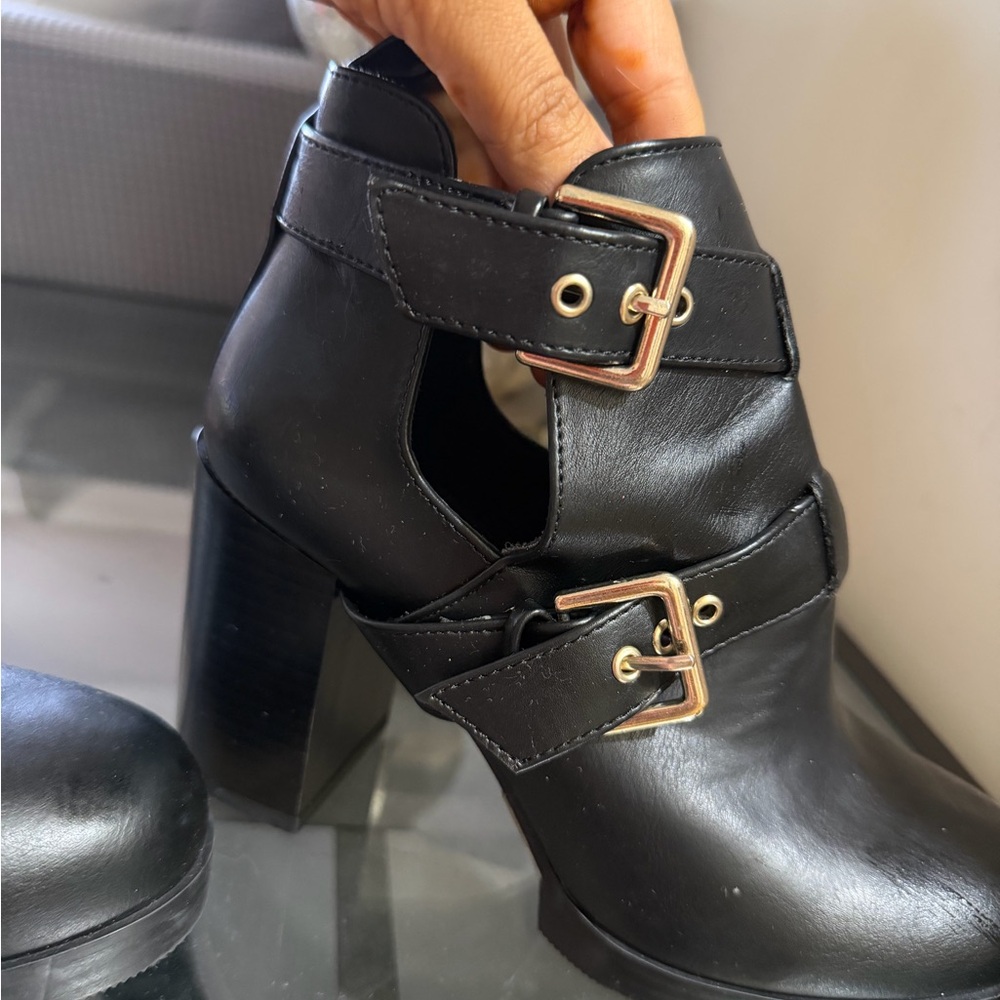 Forever 21 Black Heeled Boots with Gold Buckles